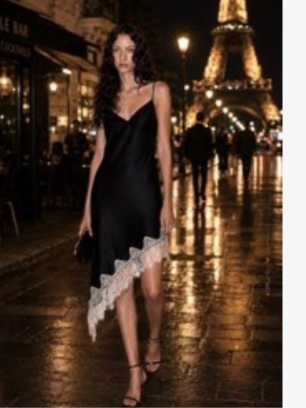 Zara Black Satin Asymmetrical Slip Dress with White Lace Trim